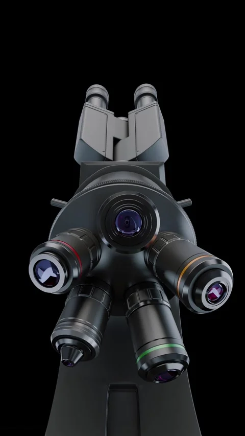 Bottom view. Professional microscope. Black back. 3D render. Vertical video. Stock Footage 289386671
