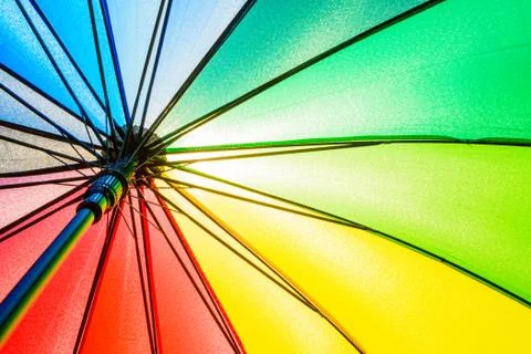 Bottom view of Rainbow umbrella texture background. Stock Photos