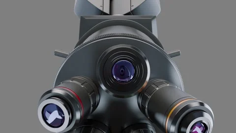 Bottom view of the rotating lenses unit of microscope. Grey back. 3D render Stock Footage 288216741