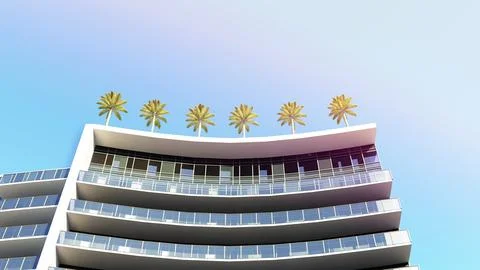 Bottom view of the semicircle of building with palm trees on the roof Stock Illustration