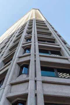Bottom view of a skyscraper in Seattle on a clear day. Stock Photos