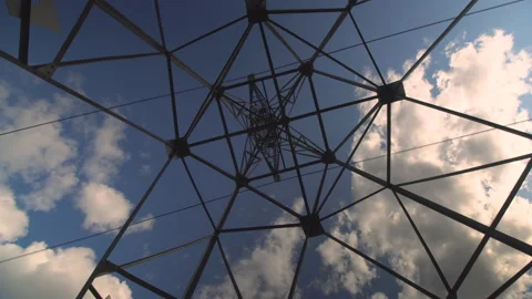 Bottom-up view of the spatial structure of the power line support Stock Footage 94107754