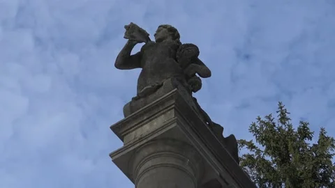 Bottom up view of statue with tree and cloudy blue sky in background Stock Footage 146082850