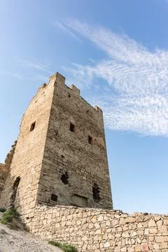 Bottom-up view of the stone wall and the defensive tower of Clement of the me Stock Photos