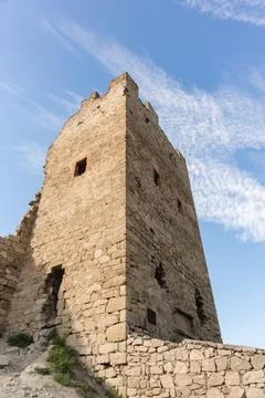 Bottom-up view of the stone wall of the Clement defensive tower the medieval  Stock Photos