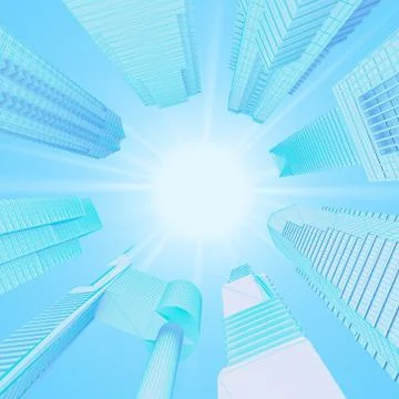 Bottom view of the sun surrounded by skyscrapers Stock Illustration