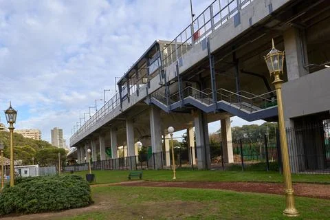 Bottom view of the train platform, large stairs and ramps, leading to it Stock Photos