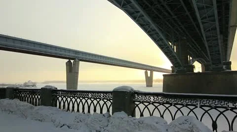 Bottom View at Two bridges in winter, Novosibirsk, Russia Vídeo Stock 20616461