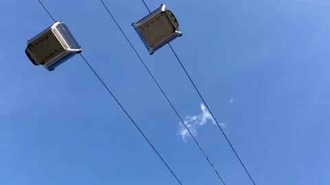 Bottom-up view of two funicular cars moving in opposite directions and a clear Stock Footage 231234634