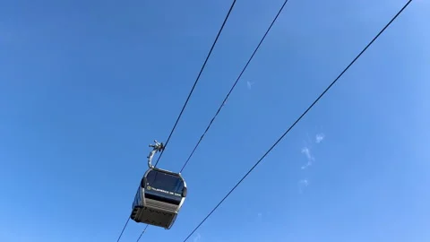 Bottom-up view of two funicular cars moving in opposite directions and a clear Stock Footage 232602360