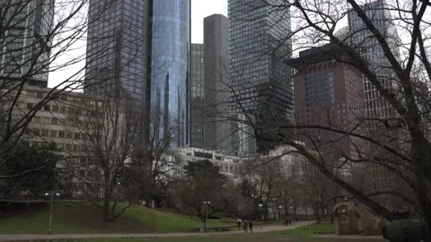 Bottom wide angle view of modern skyscrapers in business district. Frankfurt Stock Footage 131183646