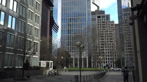 Bottom wide angle view of modern skyscrapers in business district. Frankfurt Stock Footage 131184030