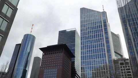 Bottom wide angle view of modern skyscrapers in business district. Frankfurt Stock Footage 131184163