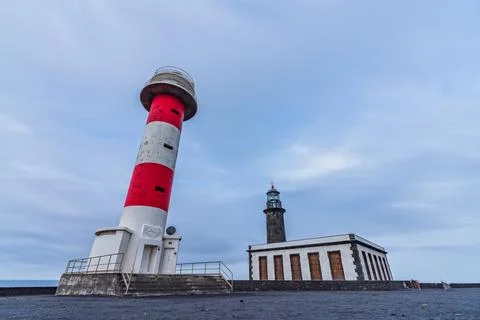 Bottom wide angle view of old and new lighthouse Stock Photos