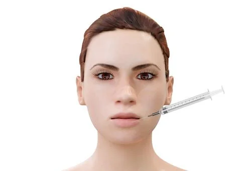 Botulinum toxin injection in lips of young cartoon woman isolated on white ba Stock Illustration