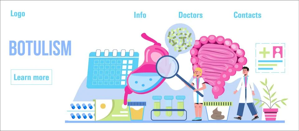 Botulism concept vector. Tiny doctors treat stomach, intestine. Food poisoning Stock-Illustration