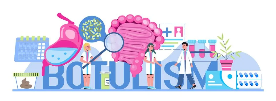 Botulism concept vector. Tiny doctors treat stomach, intestine. Food poisoning 스톡 일러스트