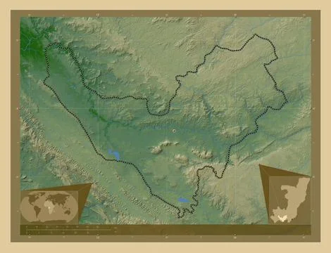 Bouenza, Republic of Congo. Colored elevation map with lakes and rivers Stock Illustration