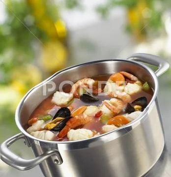 Bouillabaisse (fish soup, France) in pan Stock Photos