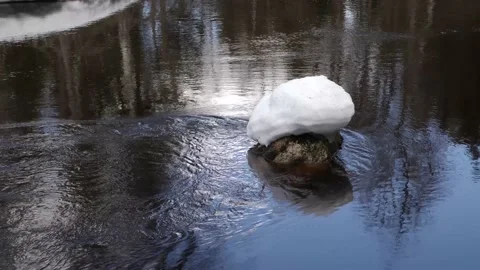 Boulder with a cap of snow on cold water background. Water flow. Macro shot of Stock Footage 205941504