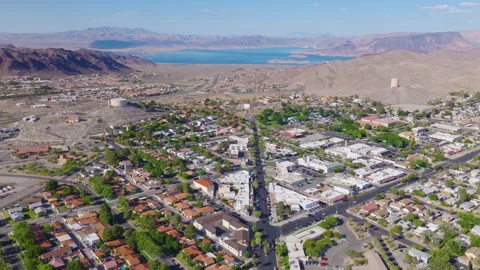 Boulder City Nevada Aerial Pullback Over Downtown and Desert Mountains 01 Stock-Footage 333916690