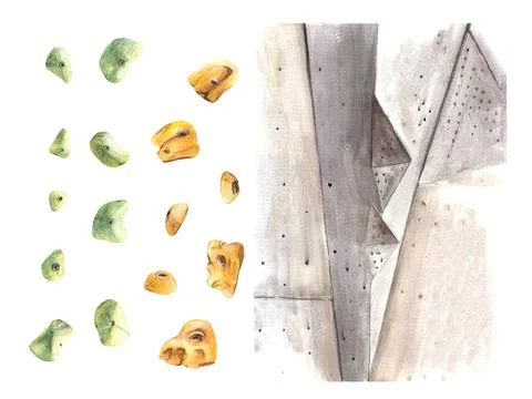 Bouldering, climbing wall, different shapes, colour grips Hand paint waterc.. Stock Illustration