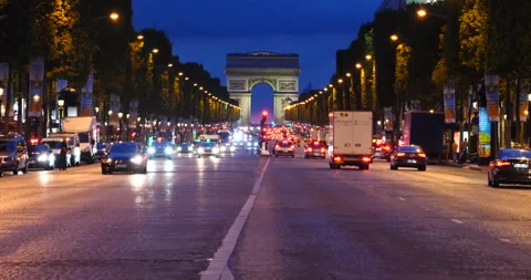 Boulevard Champs Elysees with traffic at sunset, Paris, France Stock Footage 240840402