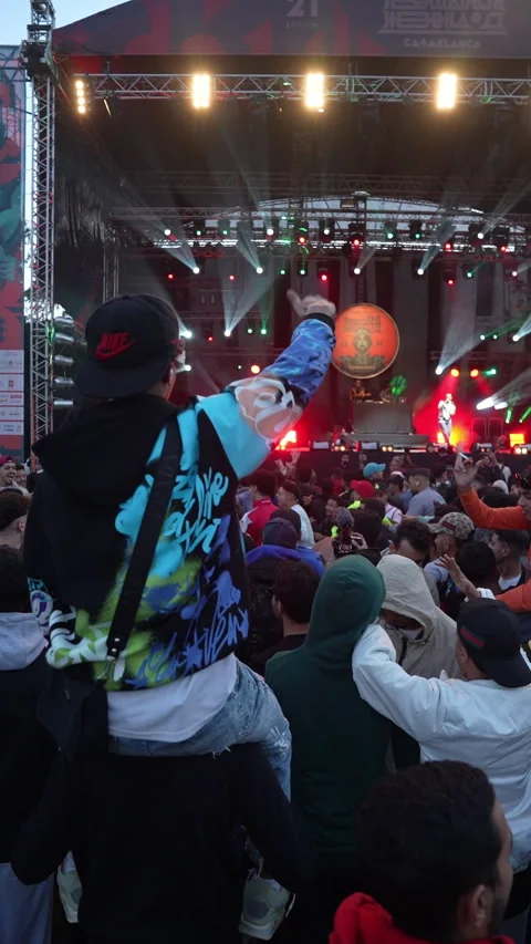 Boulevard Concert front row crowd cheering hands in air day light vertical Stock Footage 297119400