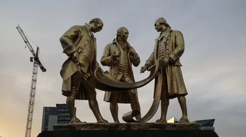 Boulton, Murdock and Watt Statue, Broad St Birmingham (1956) Stock Footage 59555259