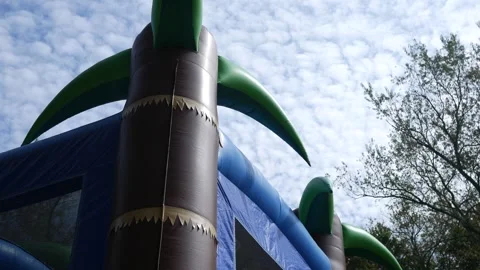 A Bounce House Set Up in Childrens Backyard for Birthday Party Stock Footage 317522978