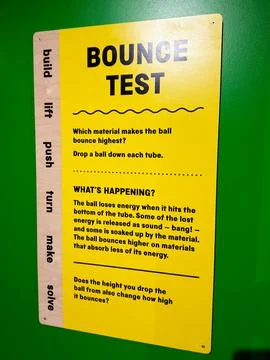 Bounce test educational sign explaining ball drop experiment at a children'.. Stock Photos