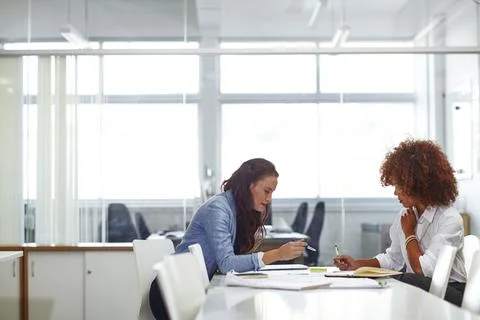 Bouncing ideas off one another. two young female designers discussing work in Stock Photos