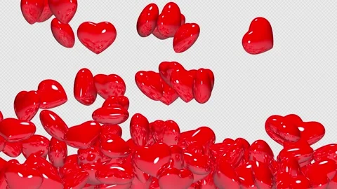 Bouncing red hearts falling down on transparent background, alpha channel. Lo Stock Footage 141342377