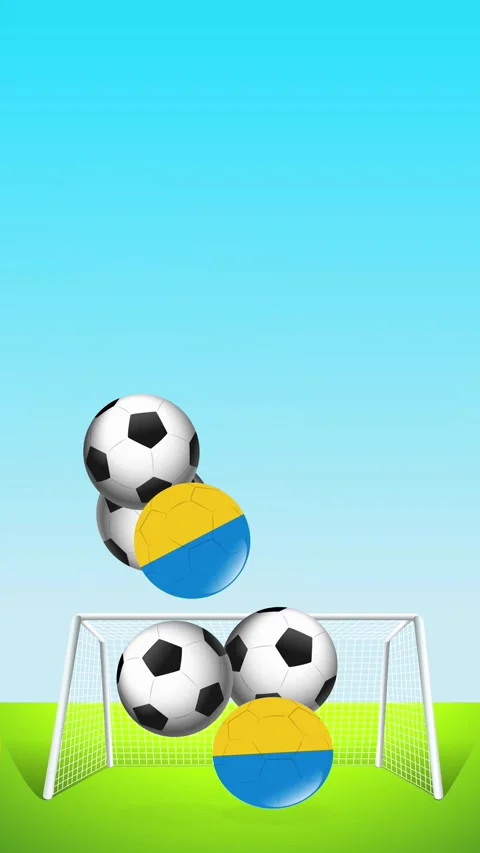 Bouncing Soccer Balls and Blue and Yellow Spheres Over Goal Stock Footage 342118150
