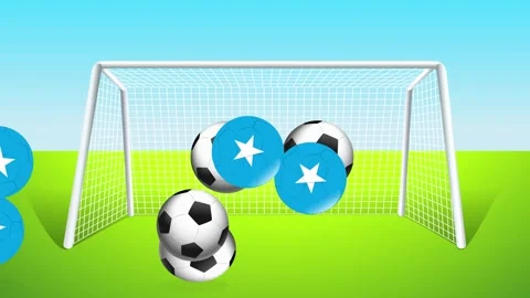 Bouncing Soccer Balls and Blue Star Spheres in Front of Goal Stock Footage 342298868