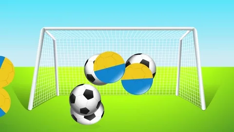 Bouncing Soccer Balls and Blue and Yellow Spheres in Front of Goal Stock Footage 342315636