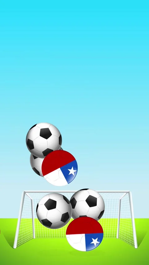 Bouncing Soccer Balls and Chile Flag Balls Falling Over Goal Stock Footage 342117796