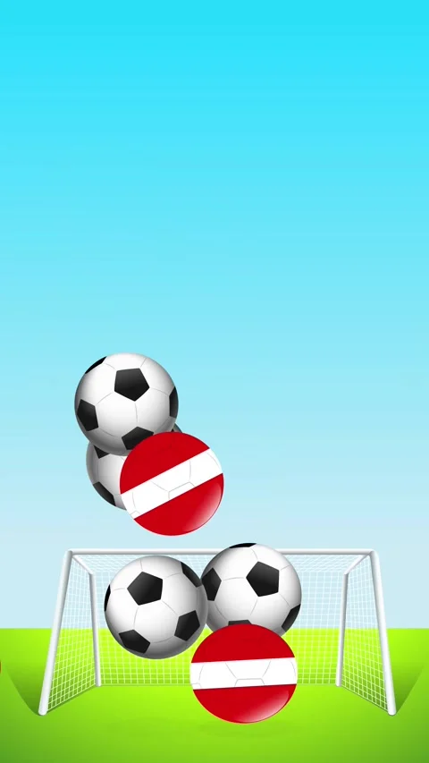 Bouncing Soccer Balls and Red Striped Spheres Falling Over Goal Stock Footage 340968583