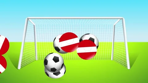 Bouncing Soccer Balls and Red Striped Spheres in Front of Goal Stock Footage 341842473