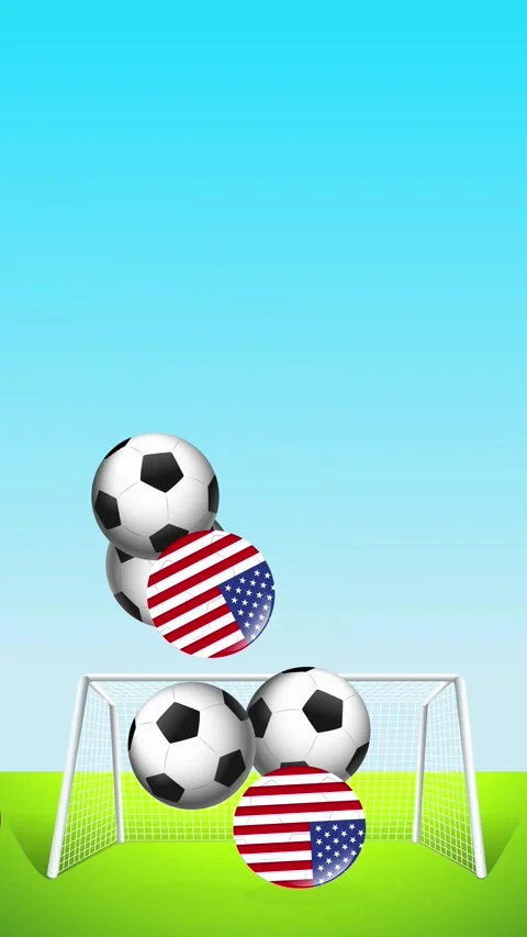 Bouncing Soccer Balls and USA Flag Spheres Over Goal Post Stock Footage 341462147