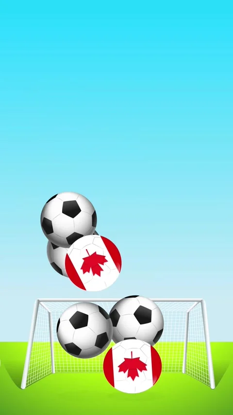 Bouncing Soccer Balls with Canada Flag Pattern Falling into Goal Stock Footage 344936705