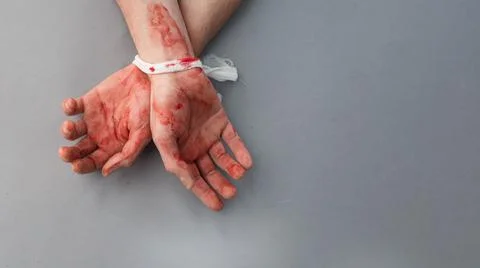 Bound bloody male hands on a gray background. The topic of killing civilians  Stock Photos