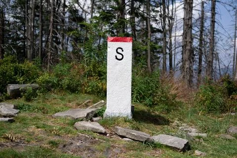 Boundary marker is marking border and borderline to Slovakia, foreign country Stock Photos
