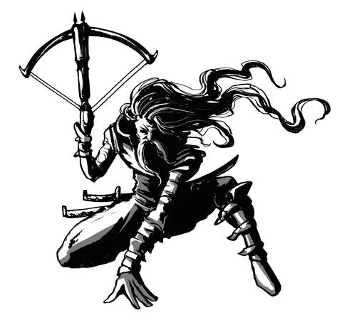 A bounty hunter in a dynamic pose, with long hair, a mustache and a crossbow  イラスト素材