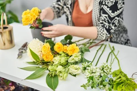 Bouquet 012. step by step installation of flowers in a vase. Flowers bunch, set Stock Photos