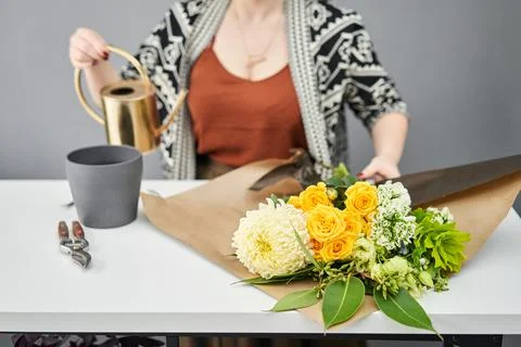 Bouquet 012. step by step installation of flowers in a vase. Flowers bunch, set Stock Photos