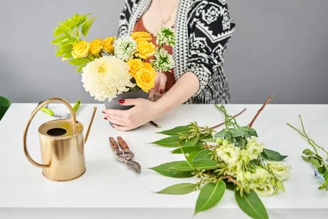 Bouquet 012. step by step installation of flowers in a vase. Flowers bunch, set Stock Photos