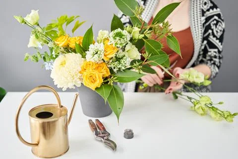 Bouquet 012. step by step installation of flowers in a vase. Flowers bunch, set Stock Photos
