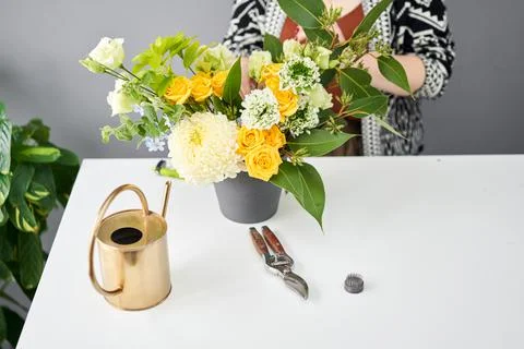 Bouquet 012. step by step installation of flowers in a vase. Flowers bunch, set Stock Photos