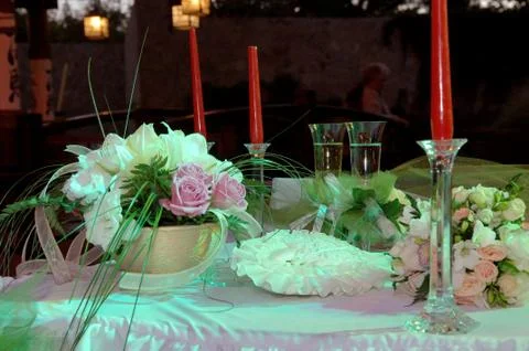 Bouquet and table setting at wedding Stock Photos